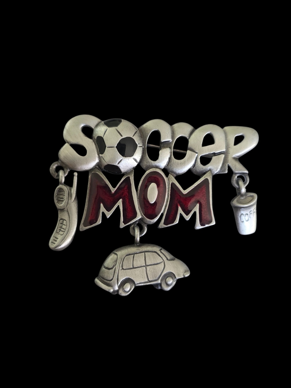Tona Signed Pewter Soccer Mom Brooch Pin Dangling Charms Novelty